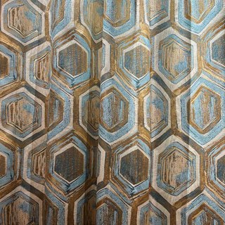 Honeycomb Luxury Jacquard Hexagon Geometric Turquoise Blue & Metallic Gold Curtain 3