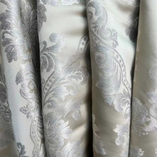 Elite Luxury Jacquard Cream & Silvery Gray Faux Silk Damask Floral Curtain 1