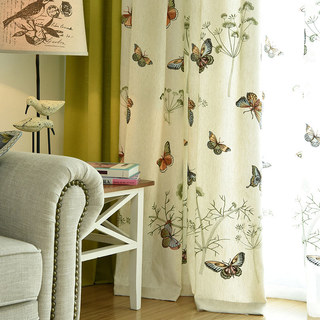 Butterfly Garden Cream Floral Embroidered Linen Style Curtain 2