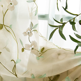Fancy Pansy Cream Gold Embroidered Organza Sheer Curtain